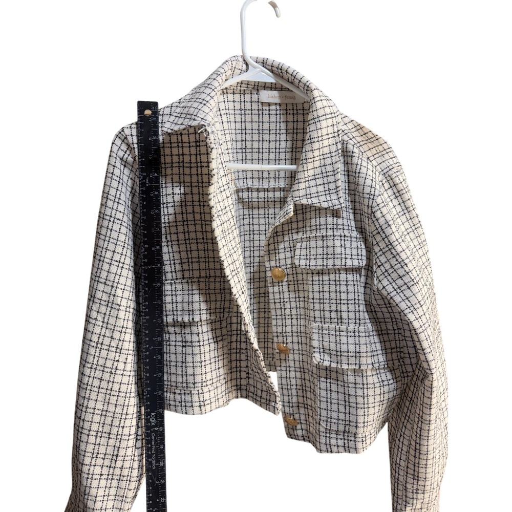 Bishop + Young Womens Black‎ White Plaid Cropped Tweed Jacket Gold Buttons Large
